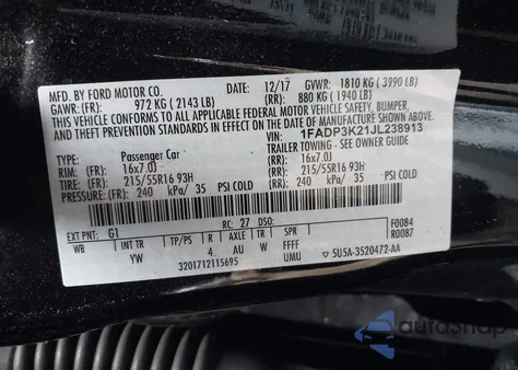 2018 Ford Focus Se из США, поврежденный, VIN 1FADP3K21JL238913